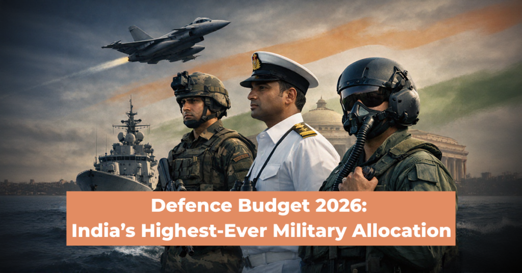 Indian Armed Forces representation for Defence Budget 2026 featuring army, navy and air force